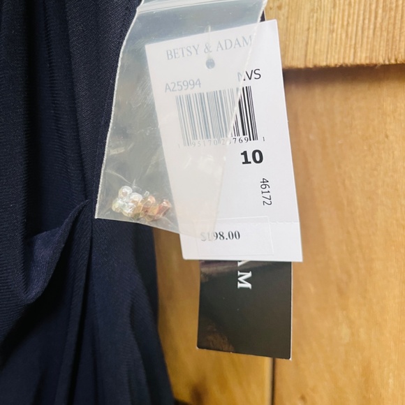 Betsy & Adam Square Neck Short Beaded Sleeve Open Back Gown Navy Dress Size 10 - Picture 10 of 15